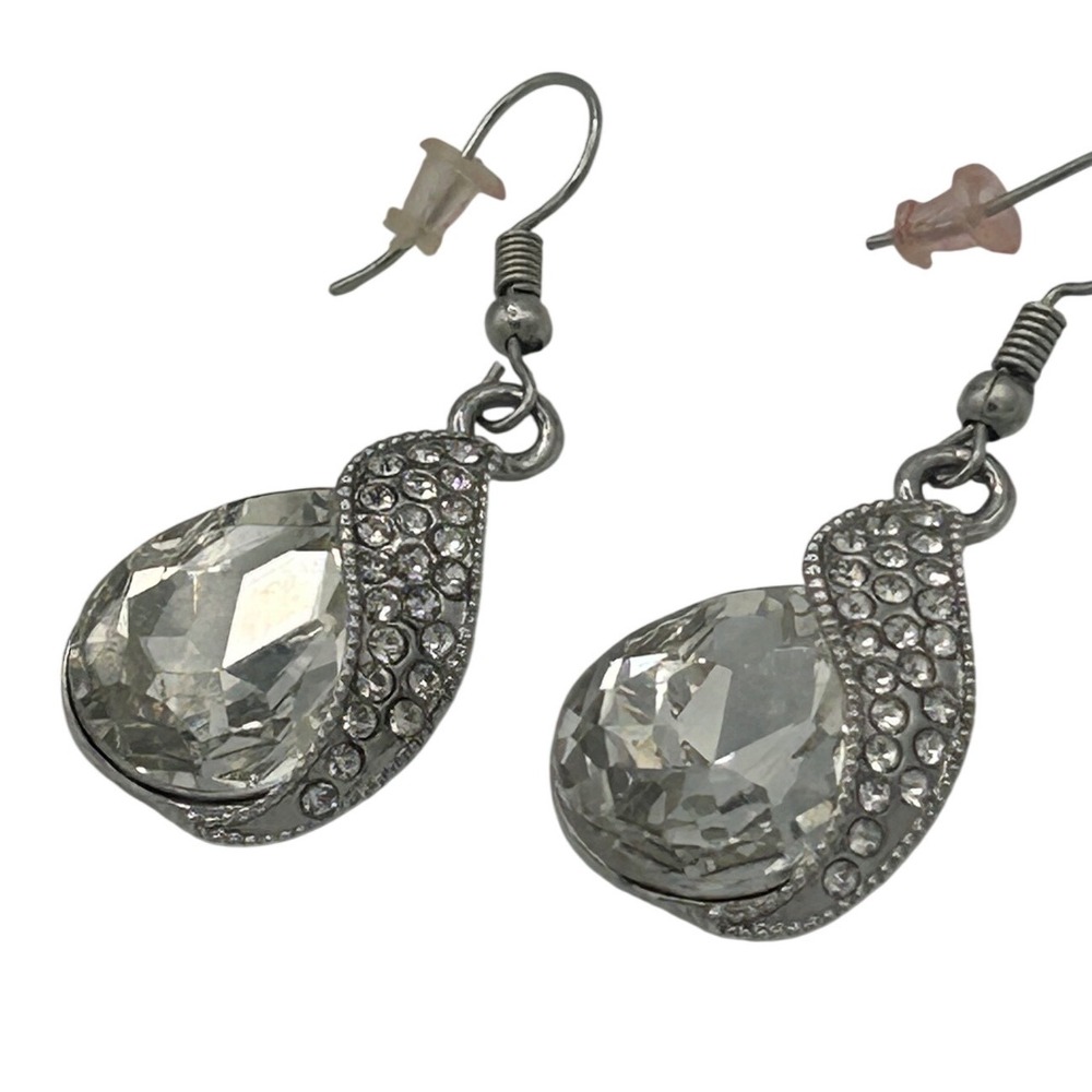 Crystal Teardrop Dangle Earrings Silver Tone Rhinestone Bridal Wedding Formal